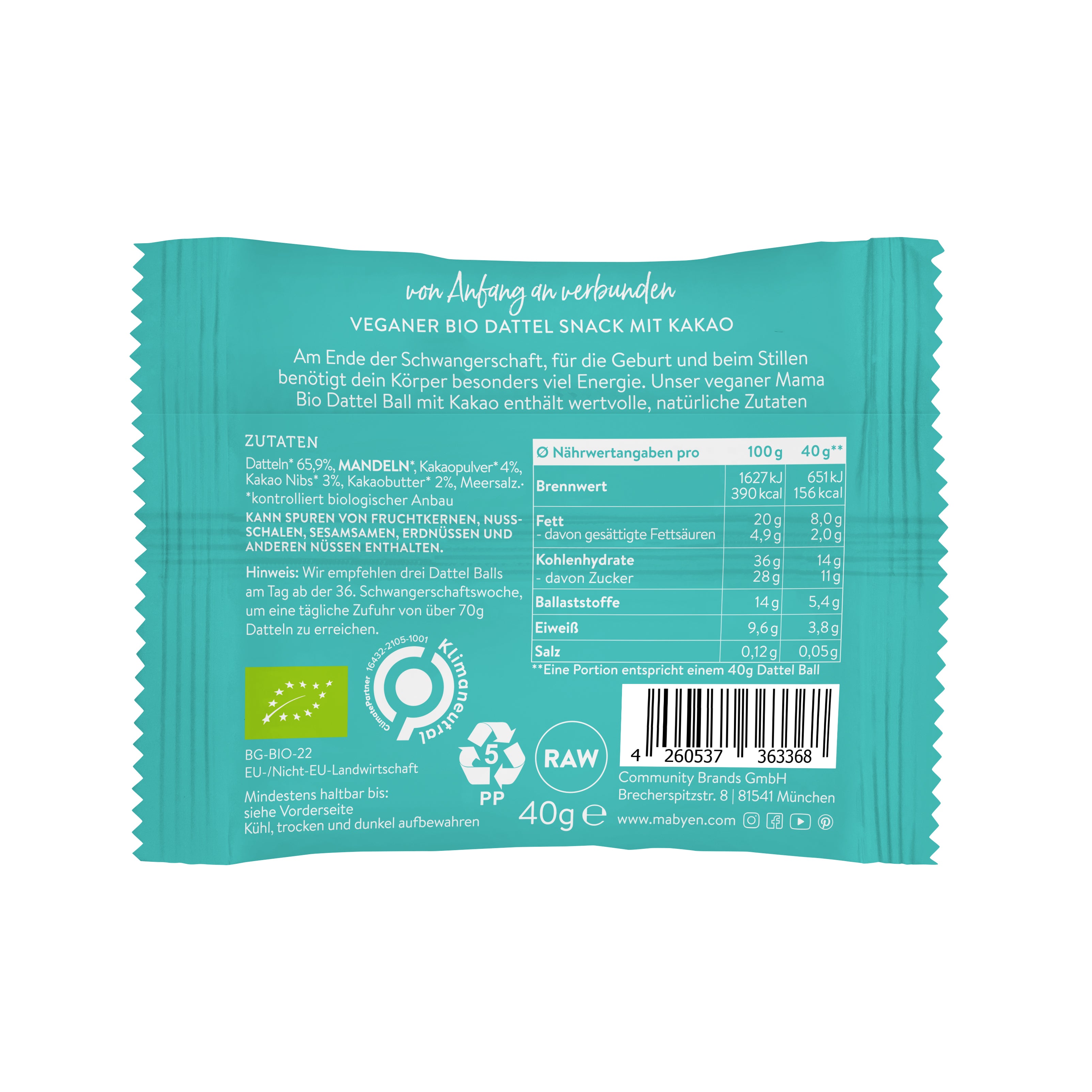 Mama Bio Dattel Ball Kakao Rückseite