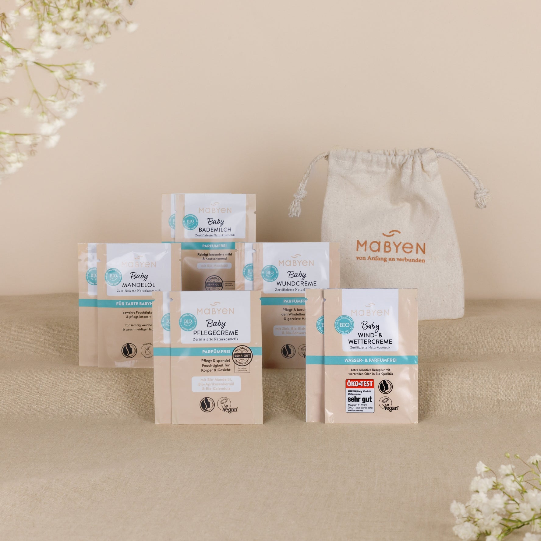 Baby Pflege Pröbchen Set von Mabyen mit Baumwollsäckchen und allen enthaltenen Produkten: Wundcreme, Pflegecreme, Mandelöl, Wind- & Wettercreme und Bademilch.