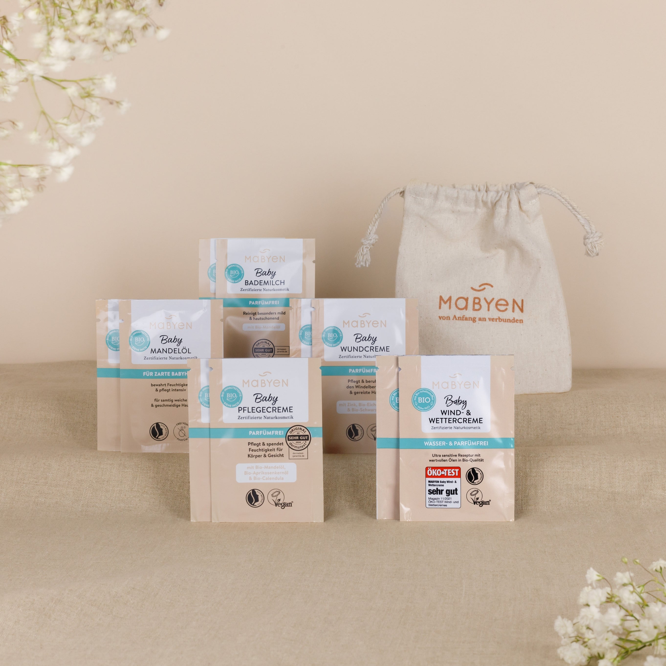 Baby Pflege Pröbchen Set von Mabyen mit Baumwollsäckchen und allen enthaltenen Produkten: Wundcreme, Pflegecreme, Mandelöl, Wind- & Wettercreme und Bademilch.